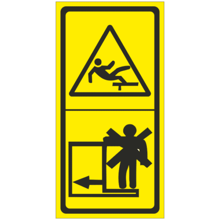 Možnost pádu z vysokého místa/Nevstupuj na pohybující se části stroje