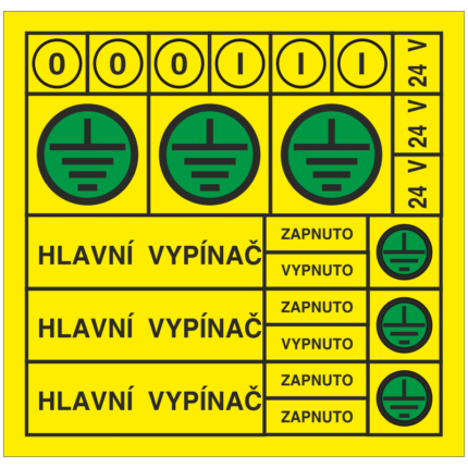 Hl. vypínač, vypnuto, zapnuto, 24V, znak uzemnění  se zeleným podtiskem (žlutá f.)