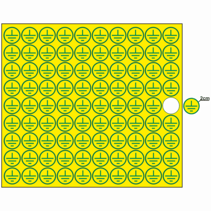Znak uzemnění  v kruhu, prům. 2cm - žlutý podklad, zelený tisk