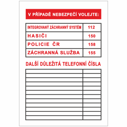 V případě nebezpečí volejte (tabulka důležitých telefonních čísel)