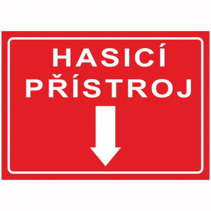 Hasicí přístroj (text se směrovou šipkou dolů)-červená negativní